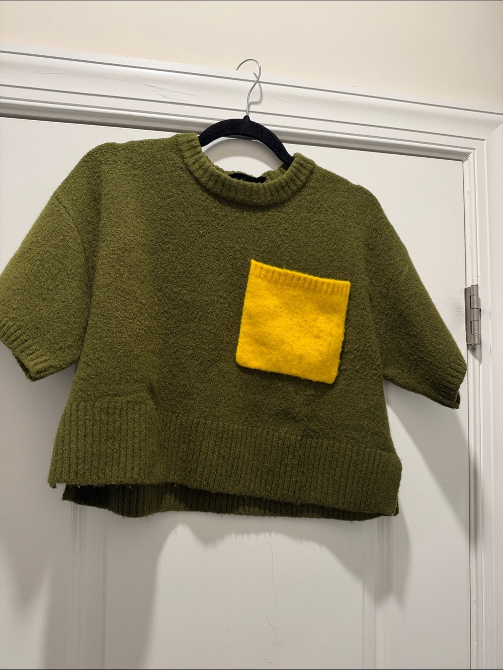 Zara Olive Green Short Sleeve Crewneck Sweater with Yellow Pocket